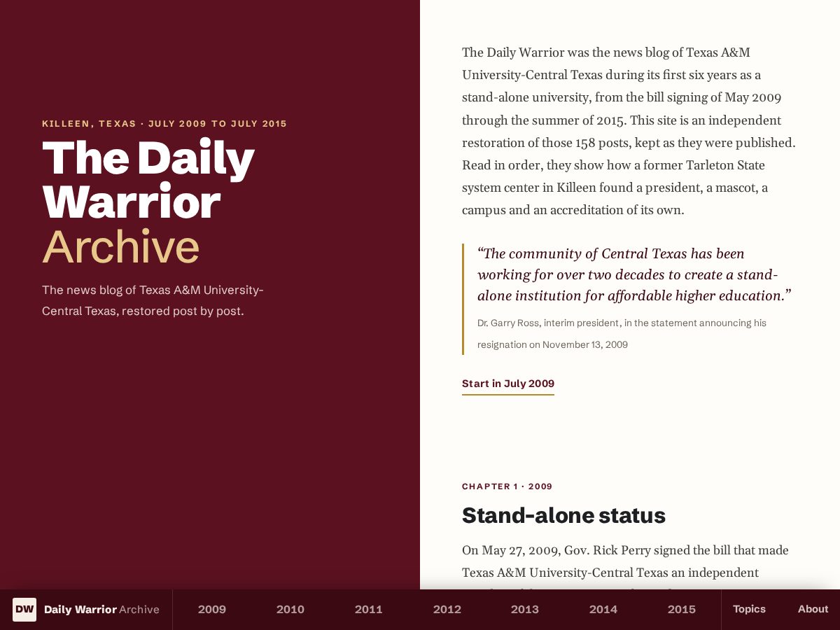 Landing-page snapshot of tamuctwarriornews.com