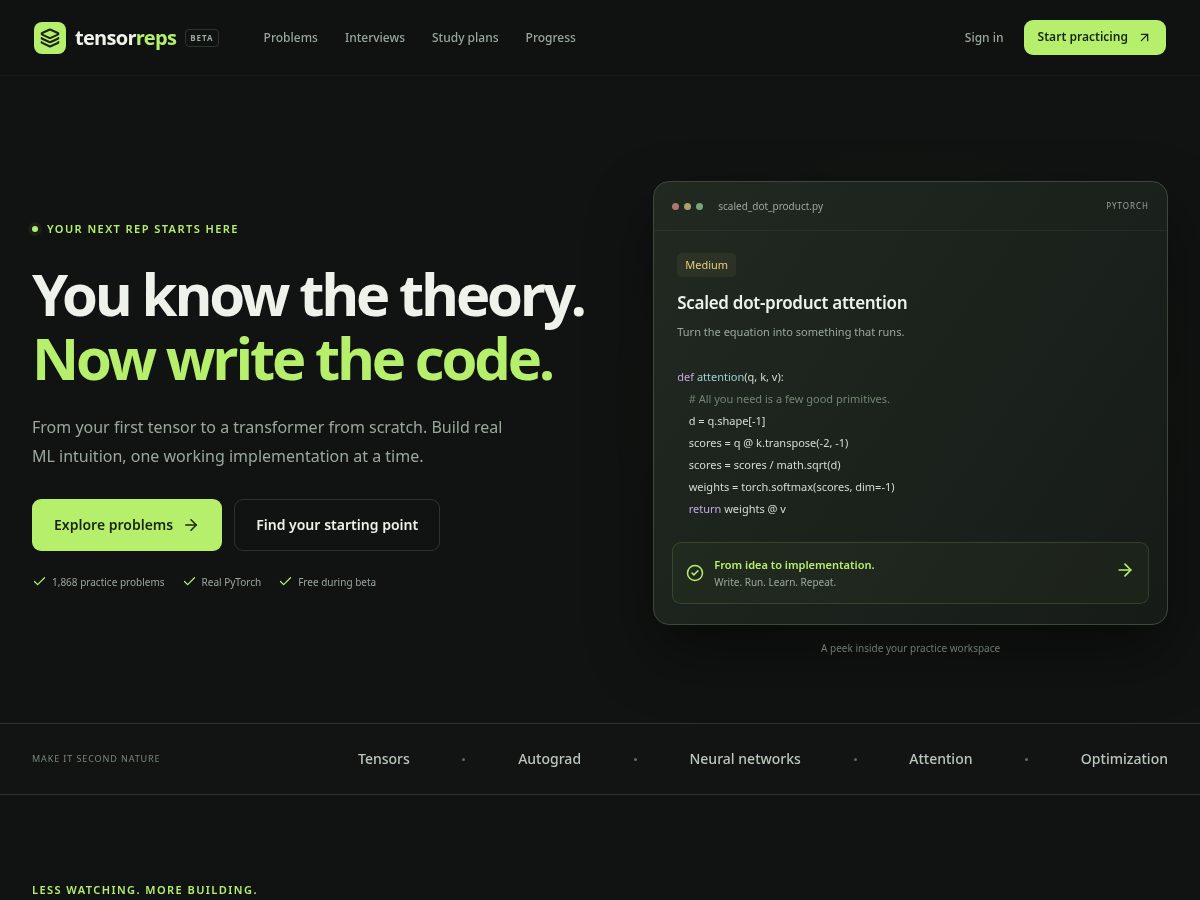 Landing-page snapshot of tensorreps.com