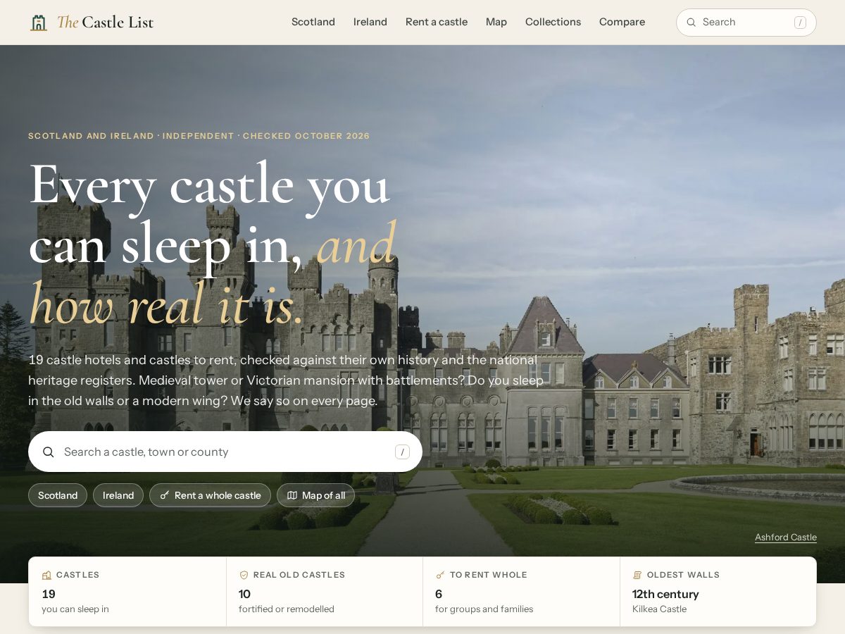 Landing-page snapshot of thecastlelist.com