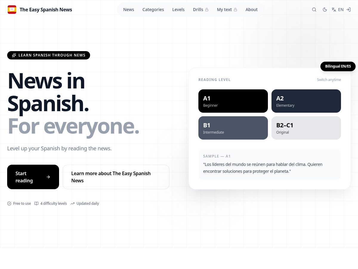 Landing-page snapshot of theeasyspanishnews.com