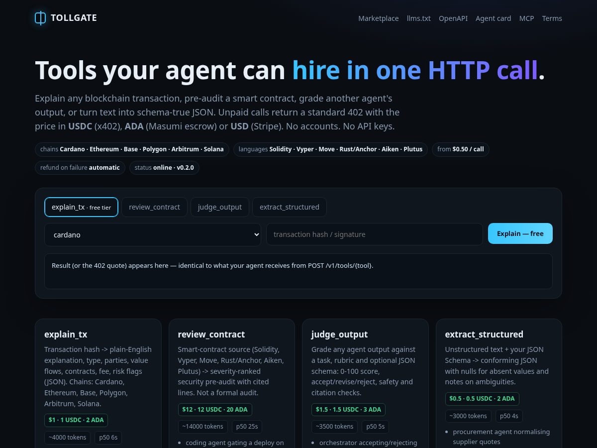 Landing-page snapshot of tollgate.tools