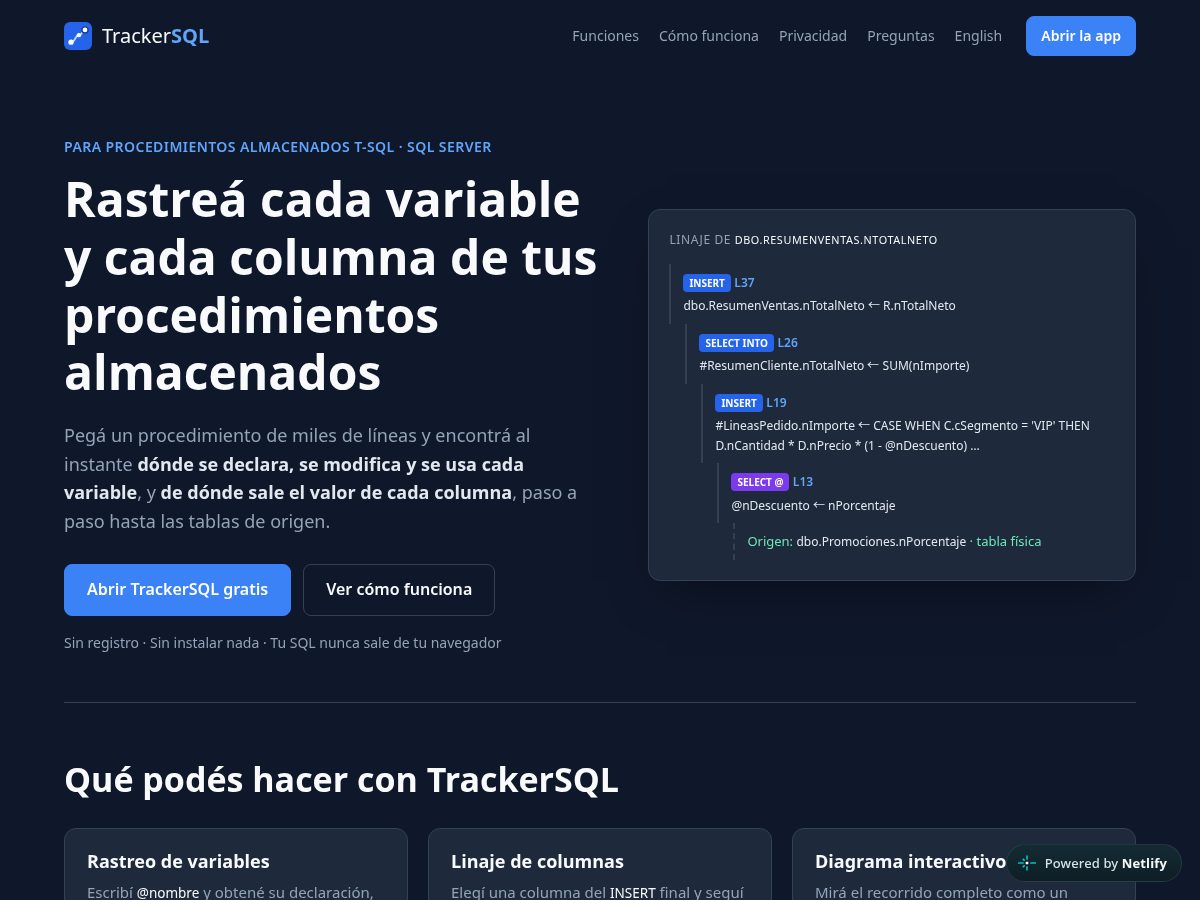 Landing-page snapshot of trackersql.com