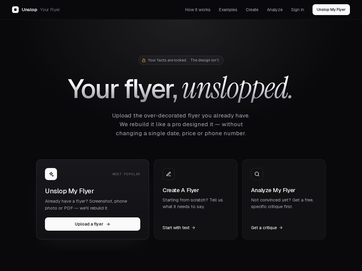 Landing-page snapshot of unslopyourflyer.com