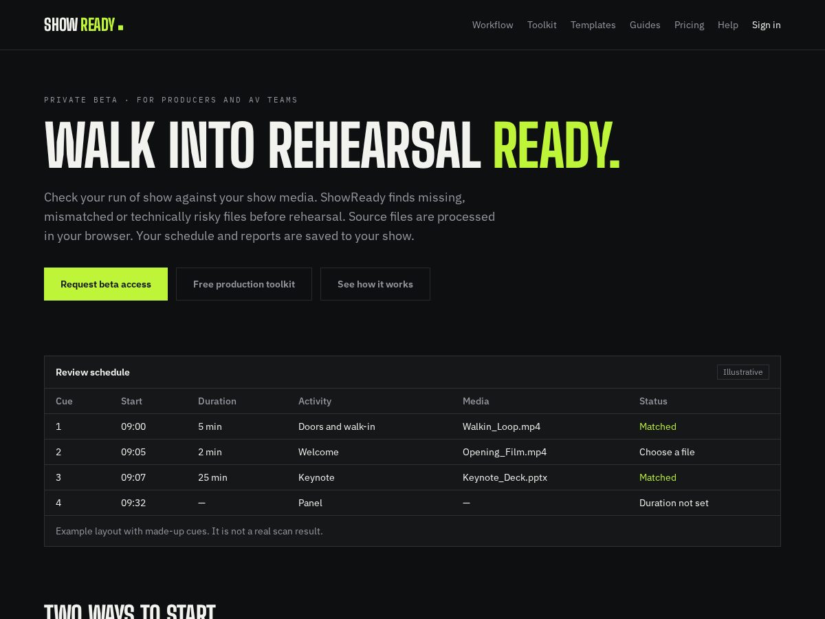 Landing-page snapshot of useshowready.com