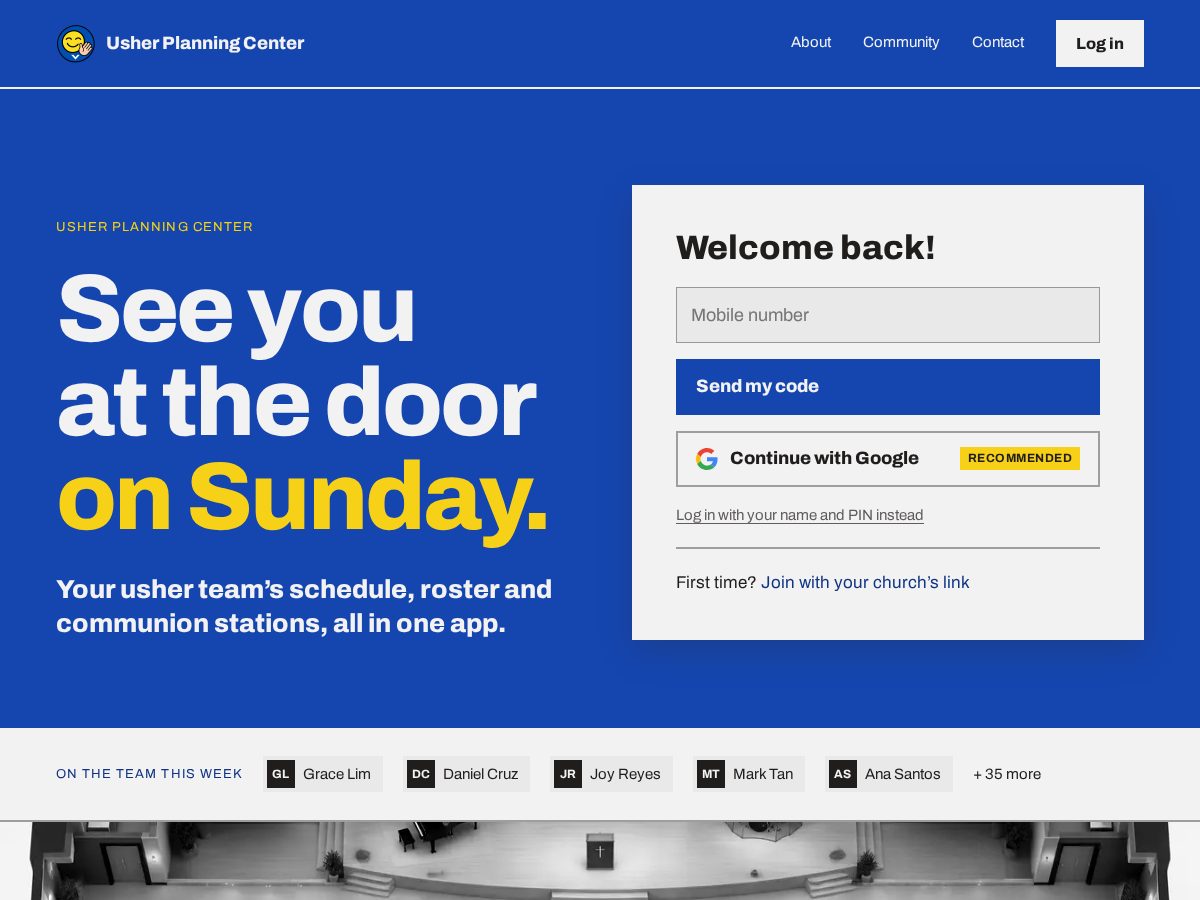 Landing-page snapshot of usherplanningcenter.com