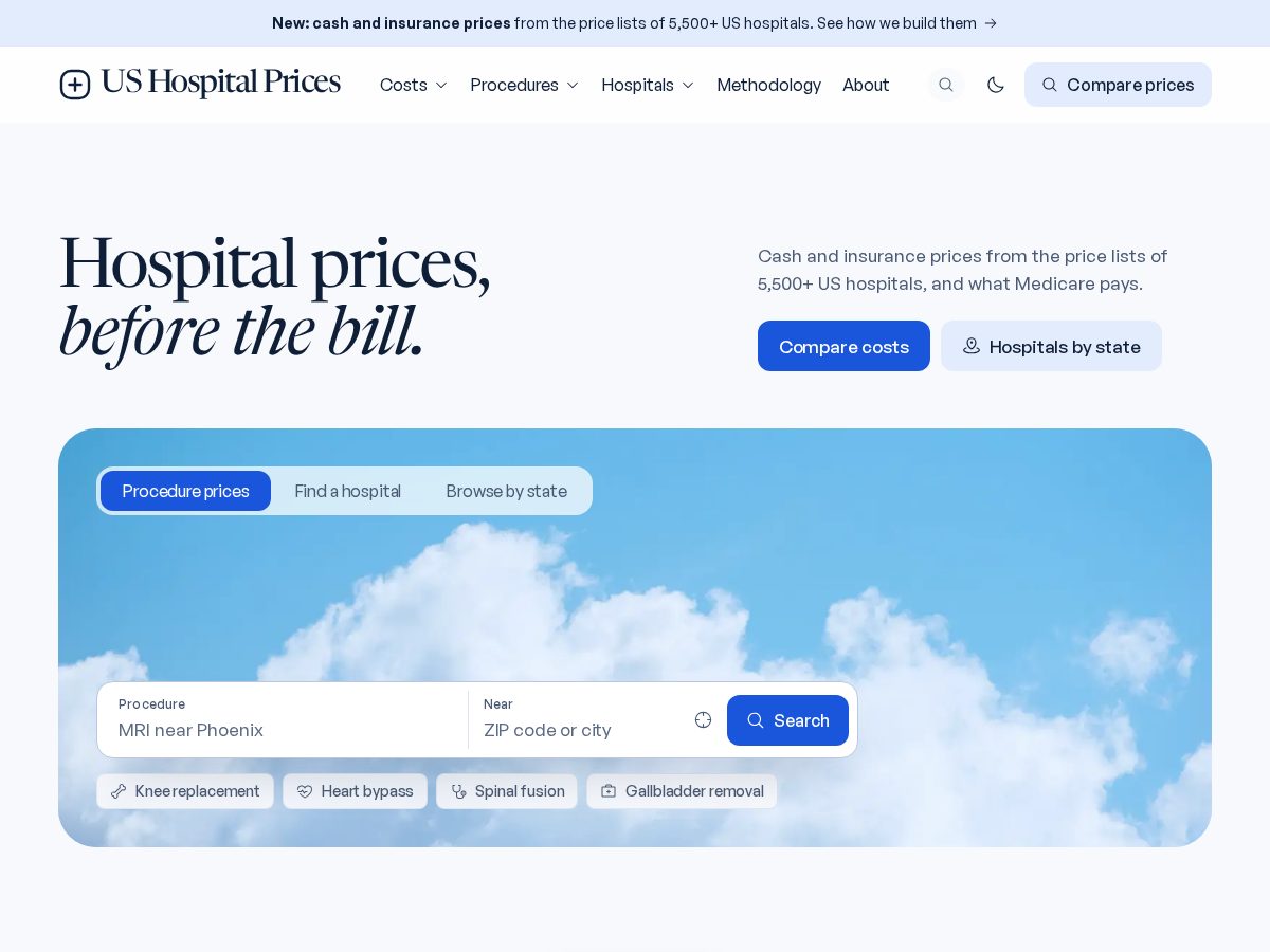 Landing-page snapshot of ushospitalprices.com