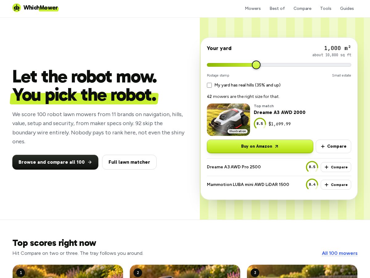 Landing-page snapshot of whichmower.com