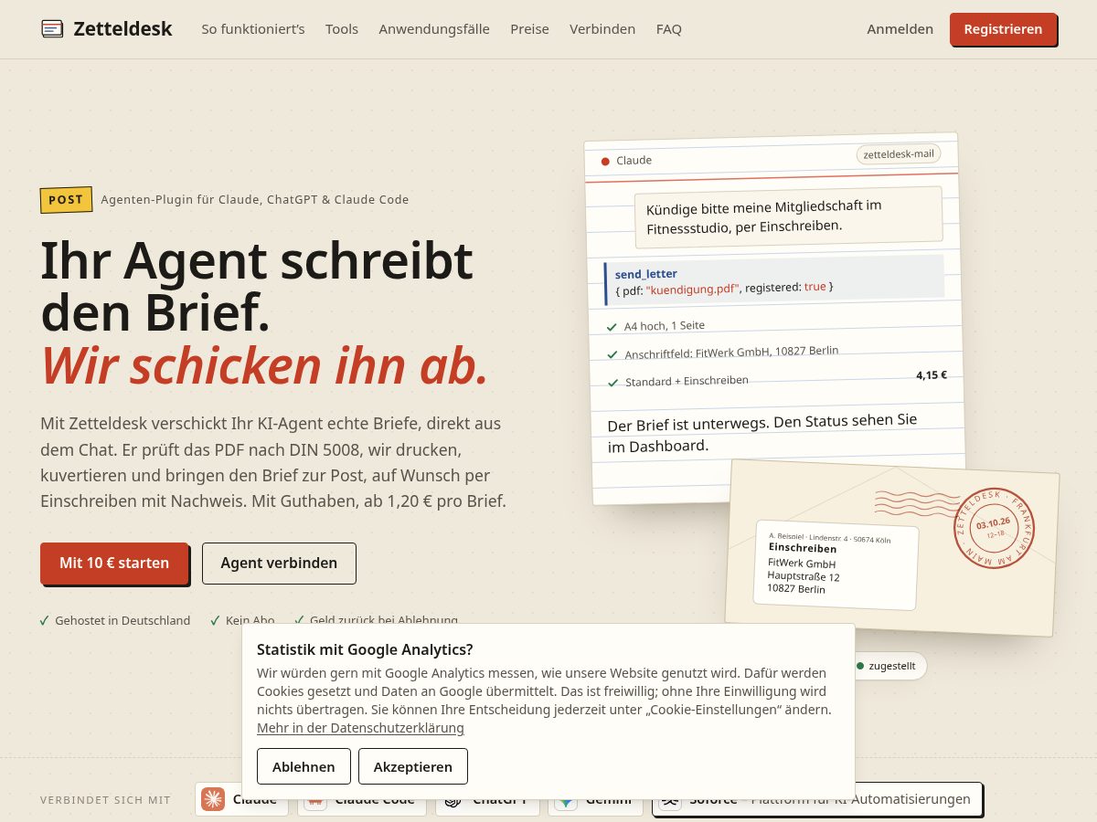 Landing-page snapshot of zetteldesk.com