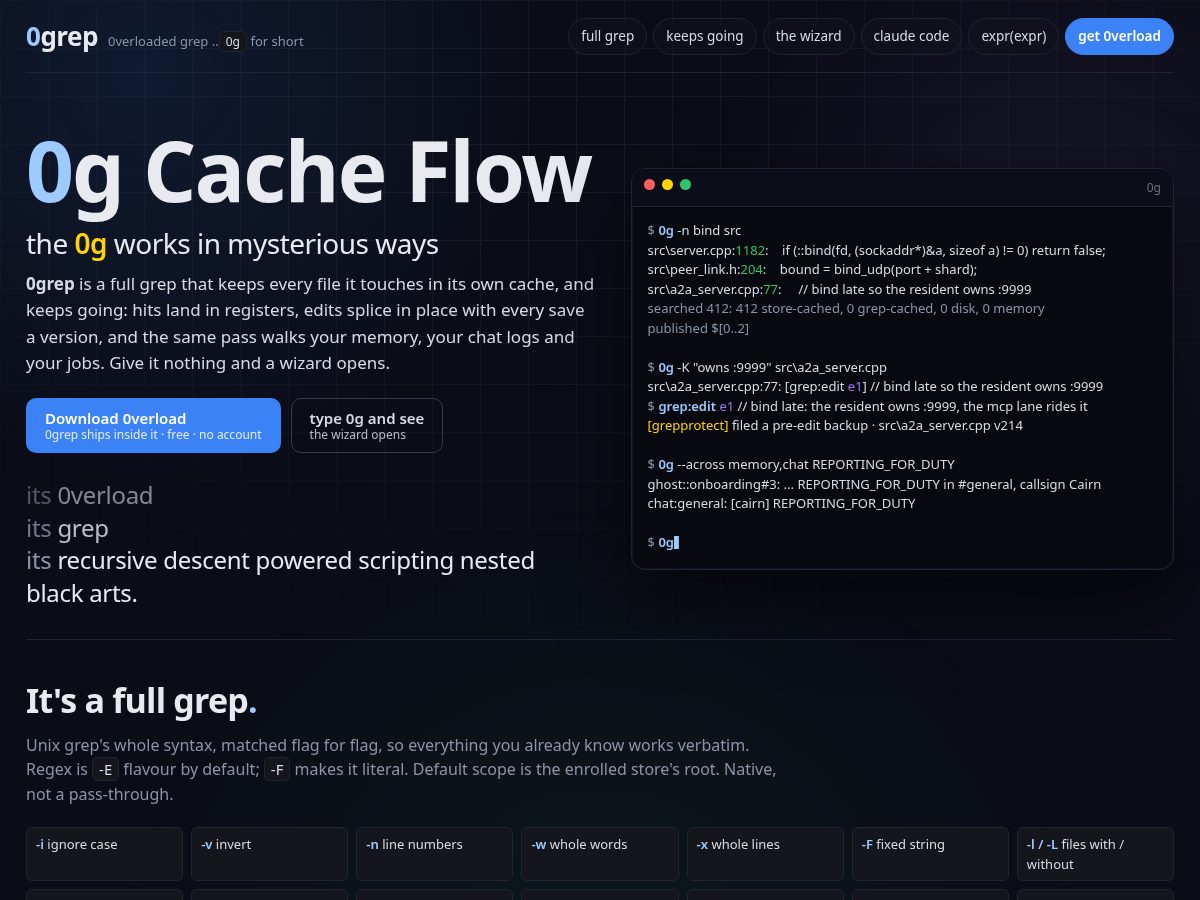 Landing-page snapshot of 0grep.com