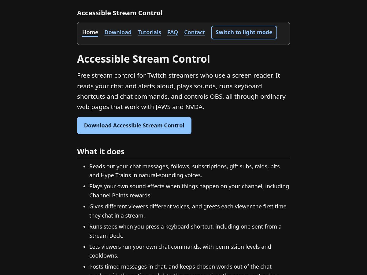 Landing-page snapshot of accessiblestreamcontrol.com