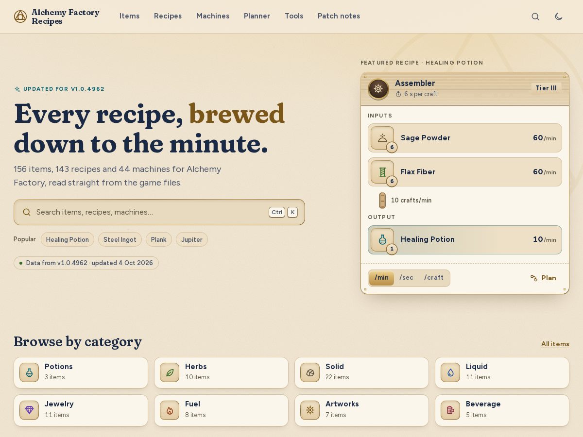 Landing-page snapshot of alchemyfactoryrecipes.com