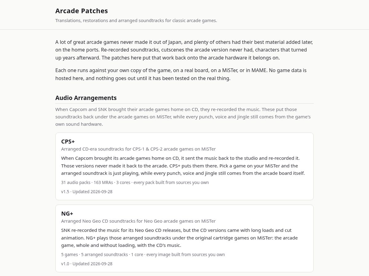 Landing-page snapshot of arcadepatches.com