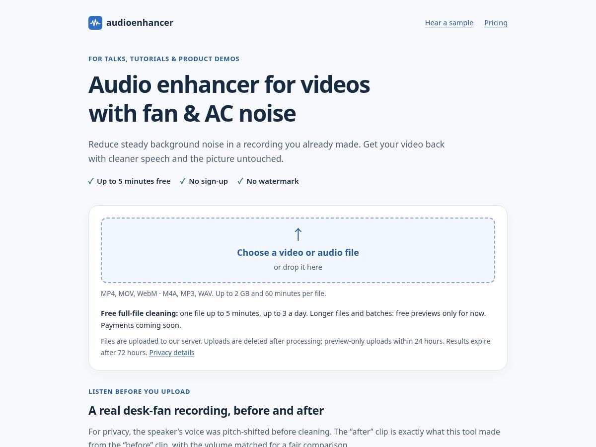 Landing-page snapshot of audioenhancer.app