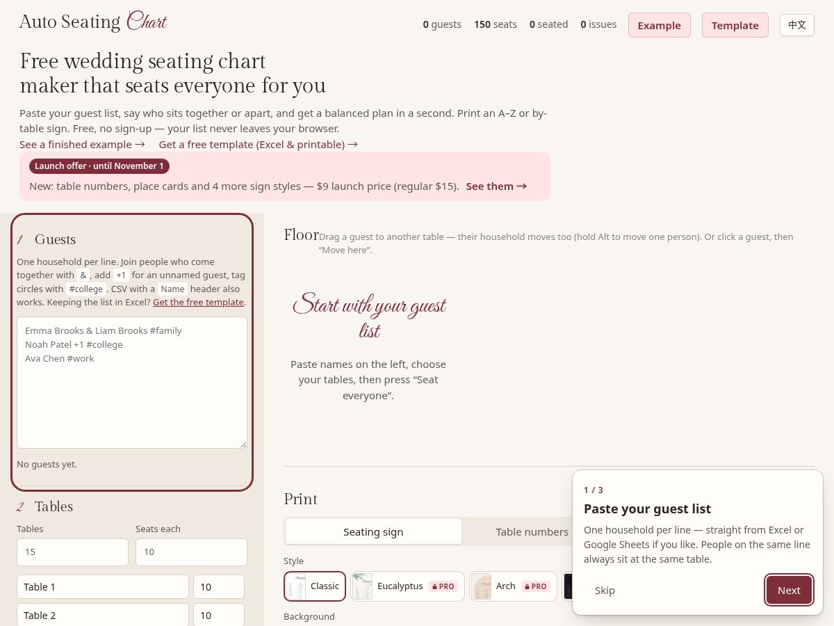 Landing-page snapshot of autoseatingchart.com