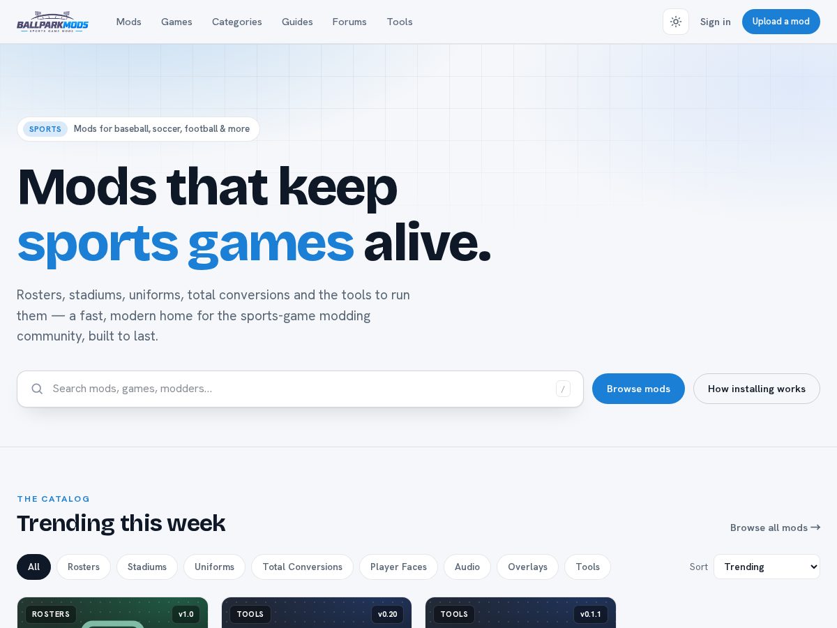 Landing-page snapshot of ballparkmods.com