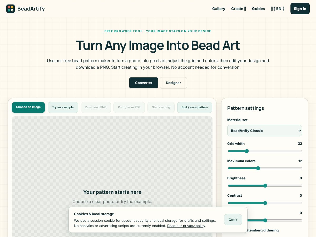 Landing-page snapshot of beadartify.com