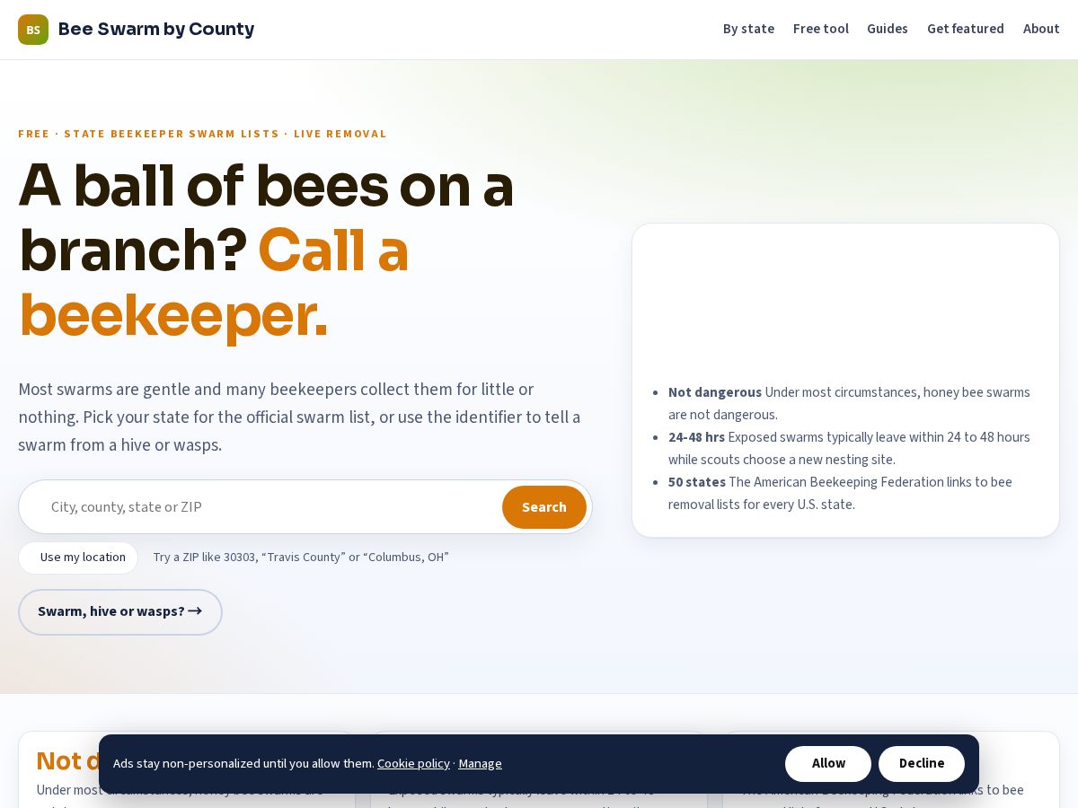 Landing-page snapshot of beeswarmbycounty.com