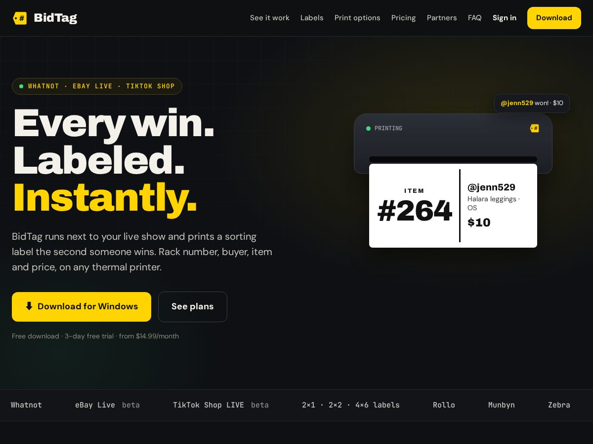 Landing-page snapshot of bidtag.app