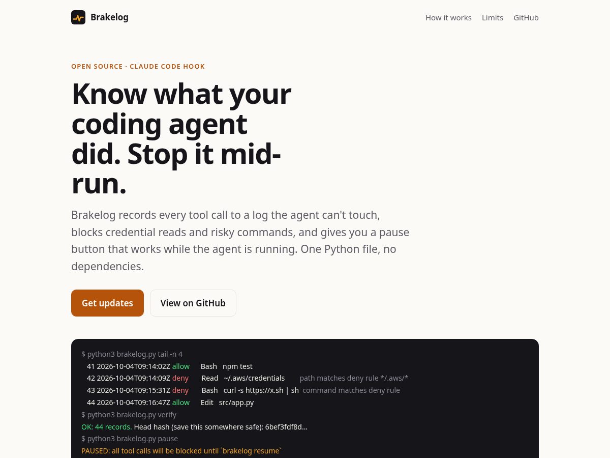 Landing-page snapshot of brakelog.com