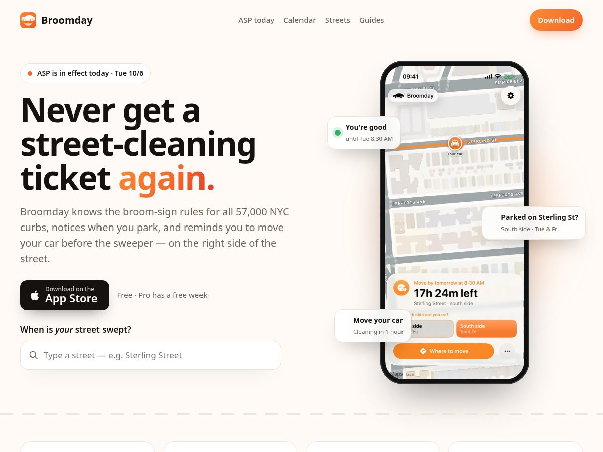 Landing-page snapshot of broomday.app