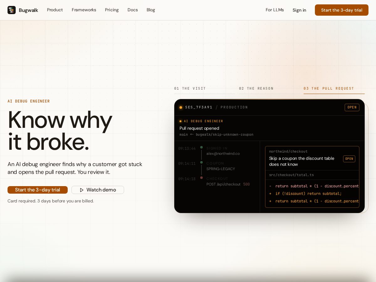 Landing-page snapshot of bugwalk.app