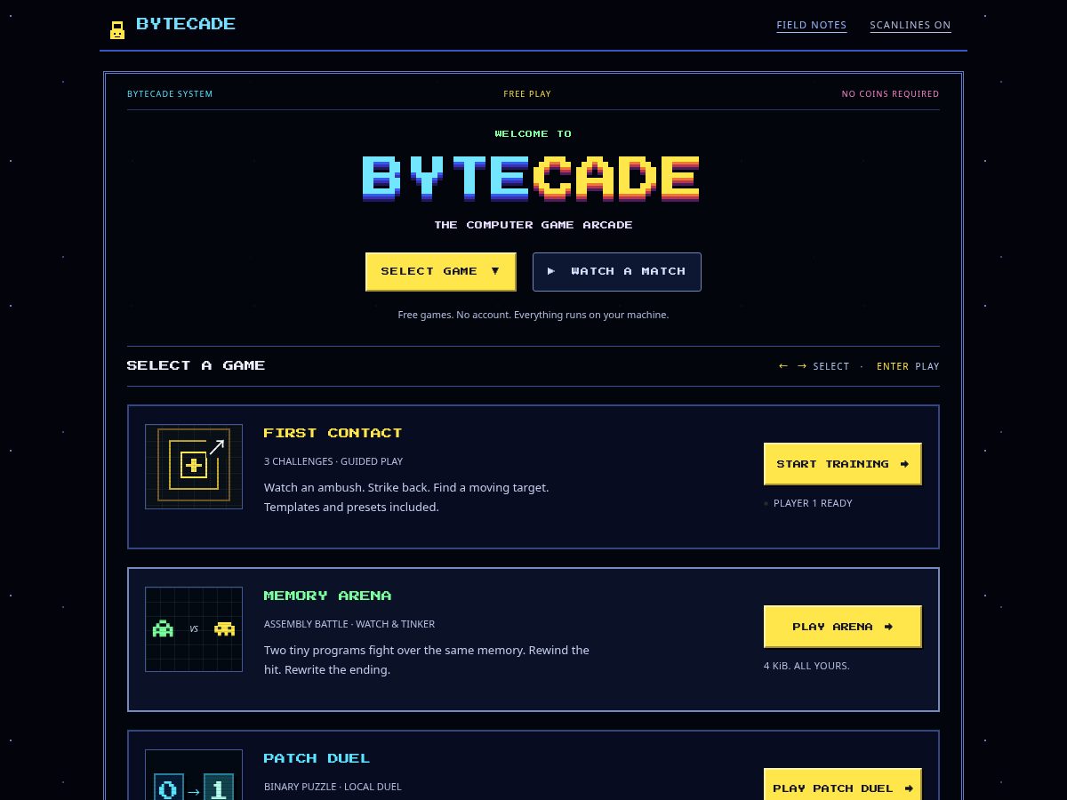 Landing-page snapshot of bytecade.games