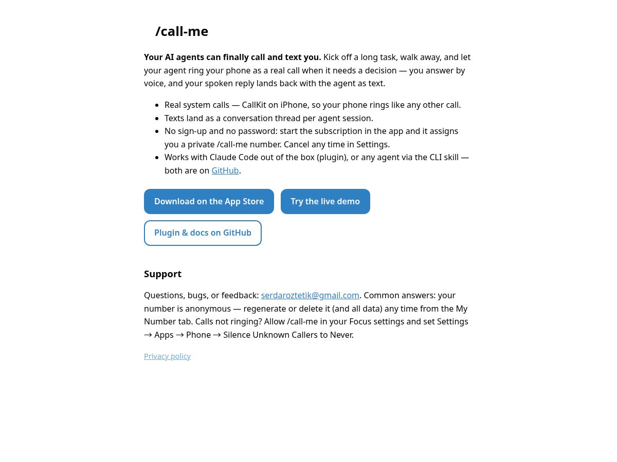 Landing-page snapshot of callmemcp.com