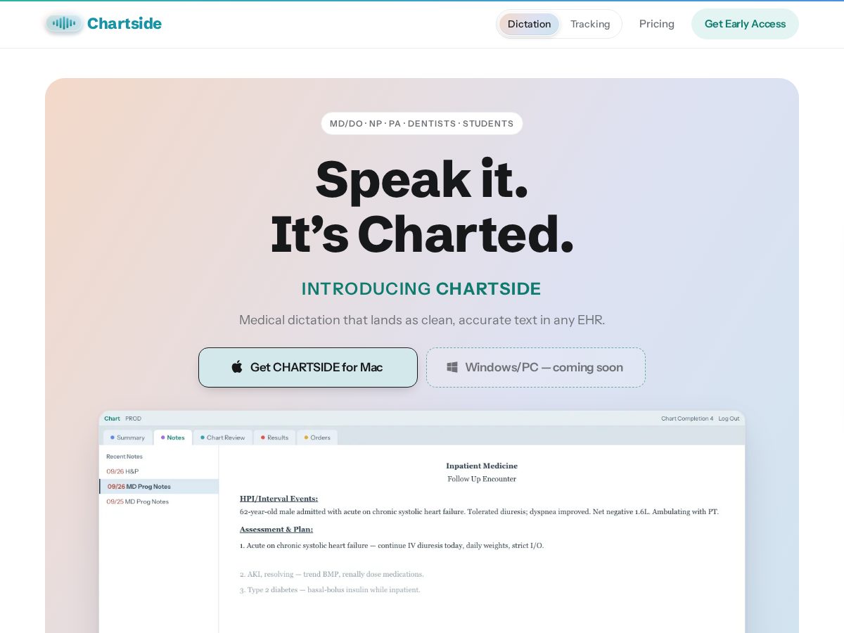 Landing-page snapshot of chartside.app
