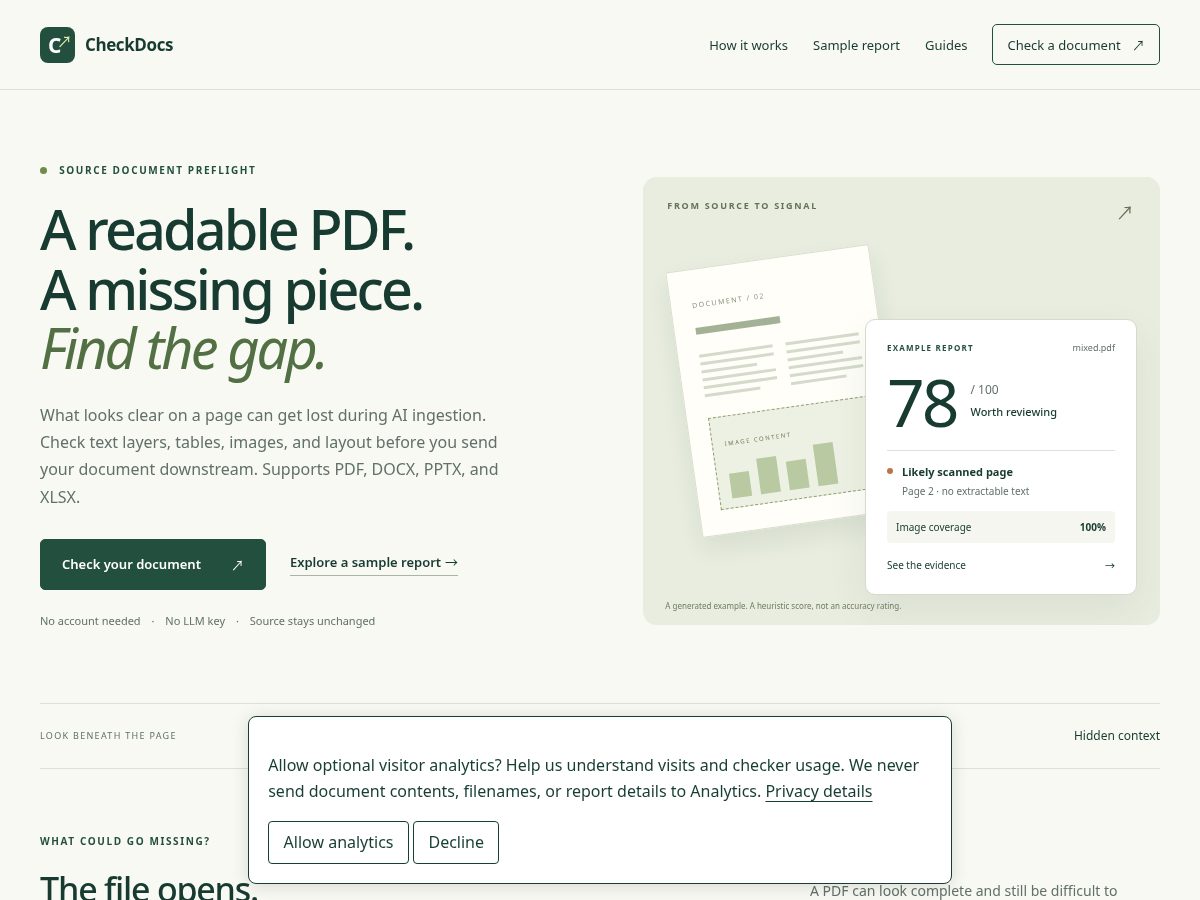 Landing-page snapshot of checkdocs.app