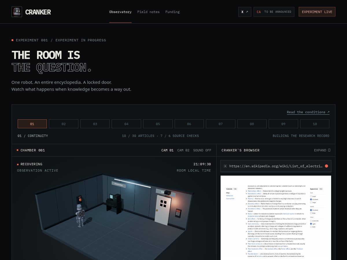 Landing-page snapshot of crankerexperiment.fun