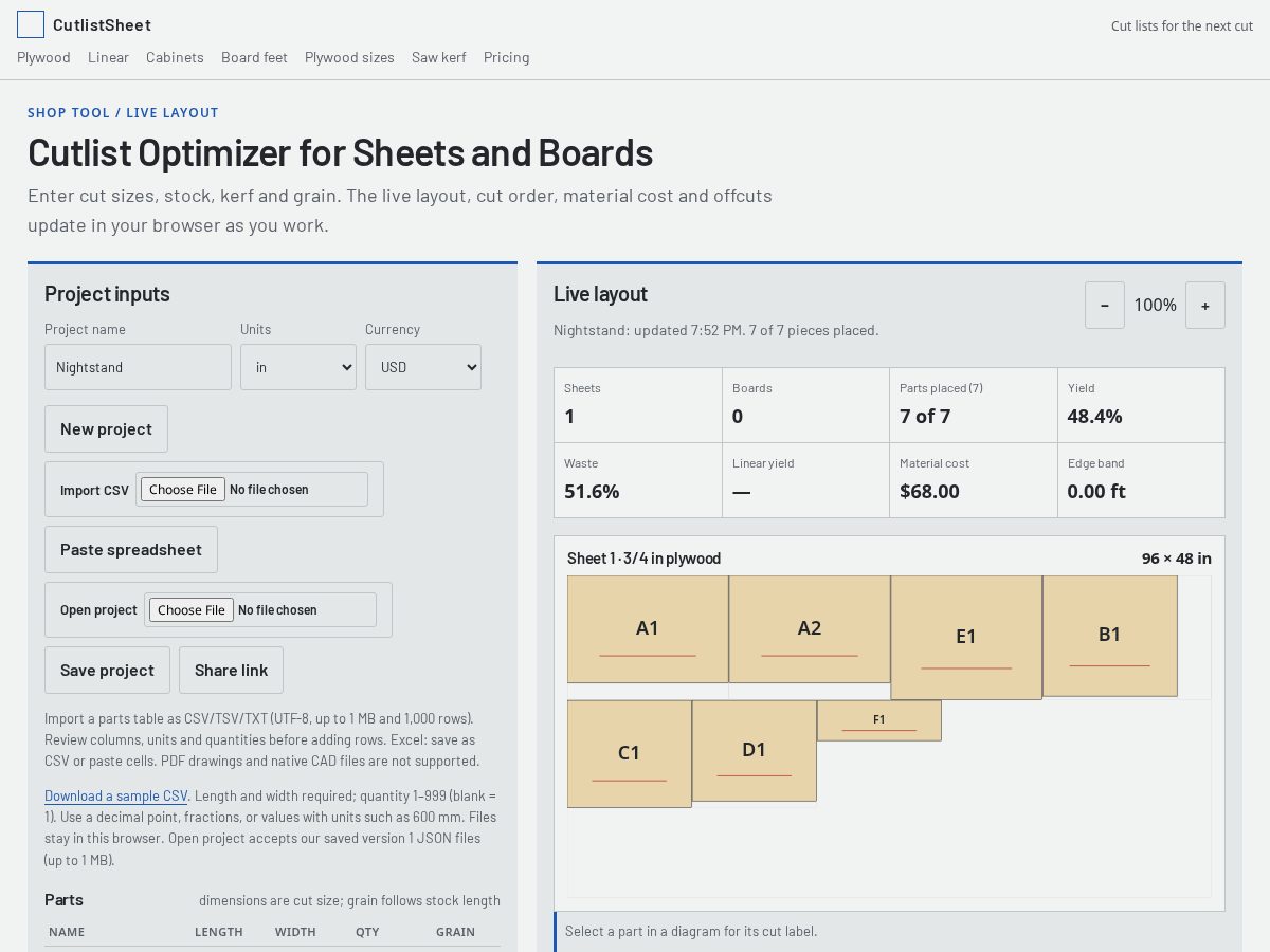 Landing-page snapshot of cutlistsheet.com