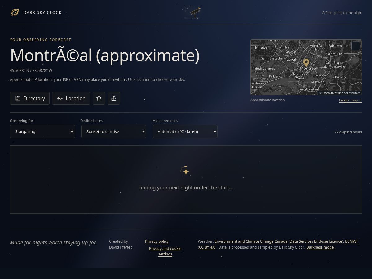 Landing-page snapshot of darkskies.app