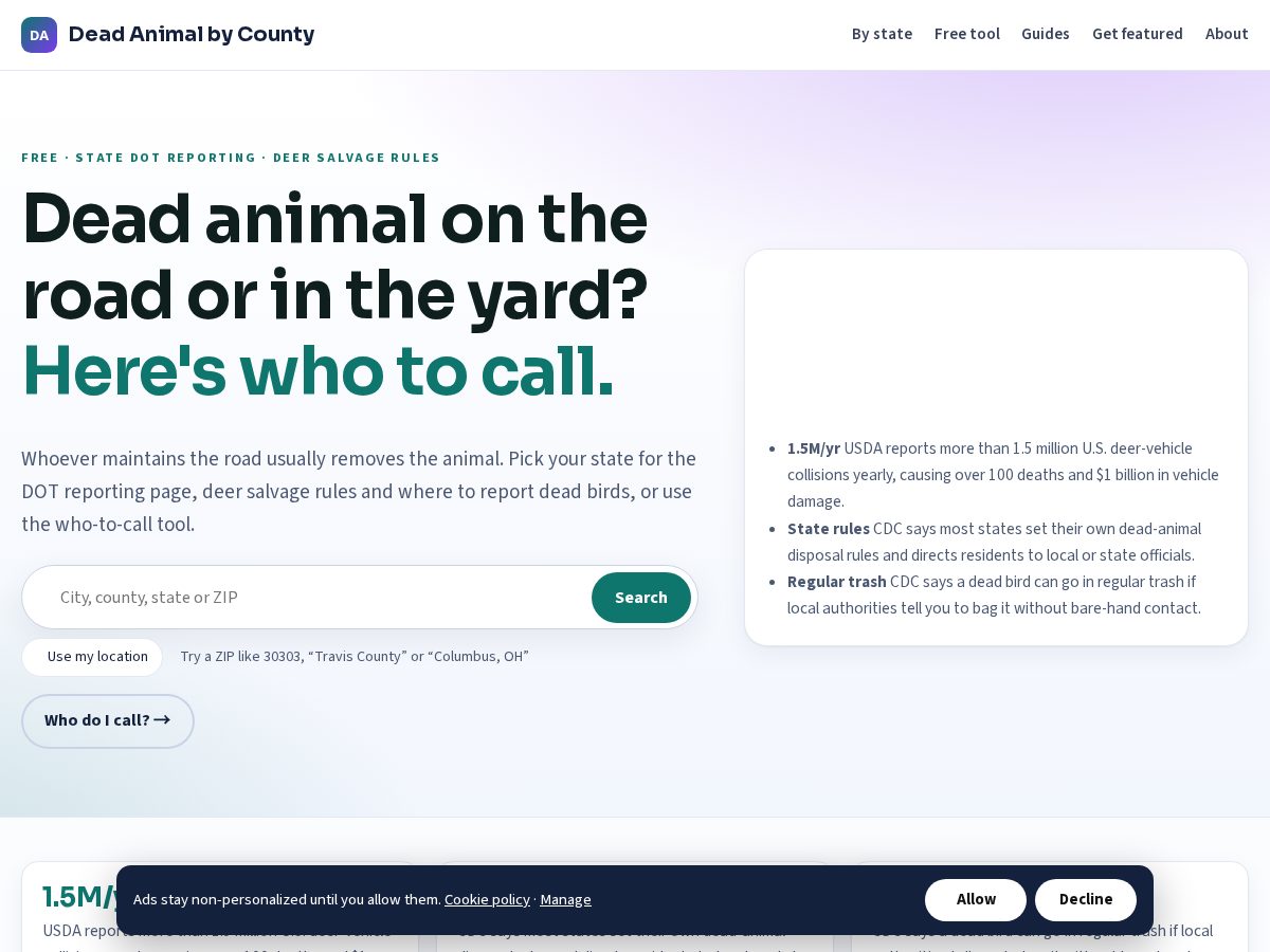 Landing-page snapshot of deadanimalbycounty.com