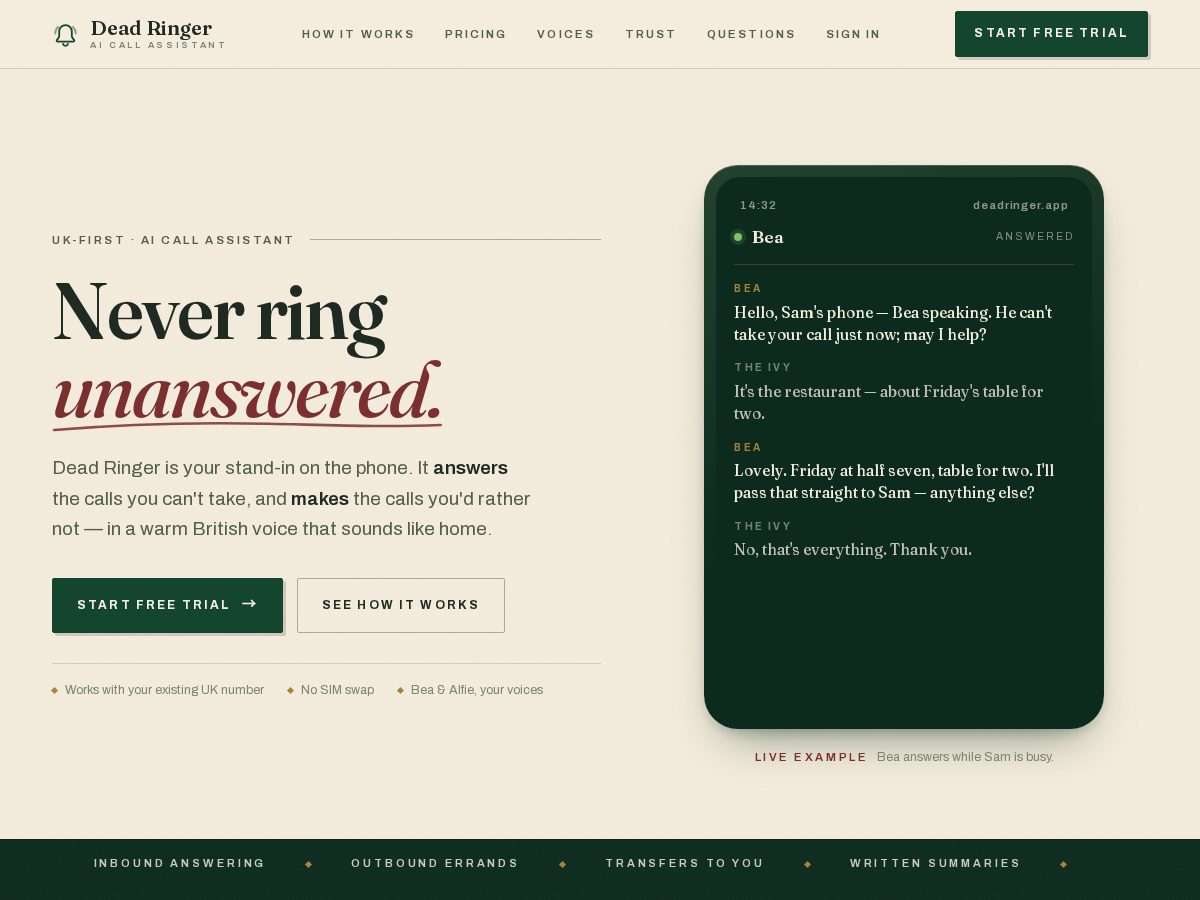 Landing-page snapshot of deadringer.app
