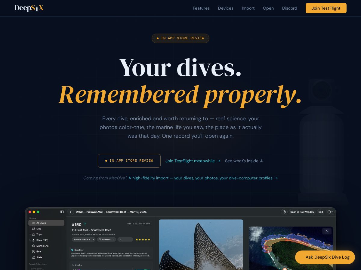 Landing-page snapshot of deepsixdivelog.com