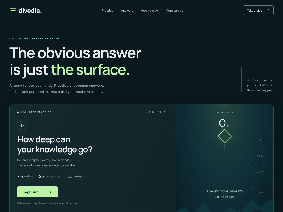 Landing-page snapshot of divedle.com