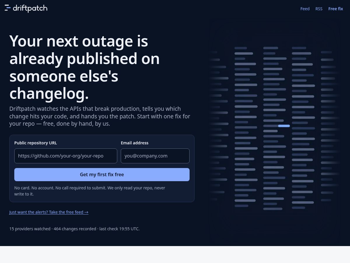 Landing-page snapshot of driftpatch.dev