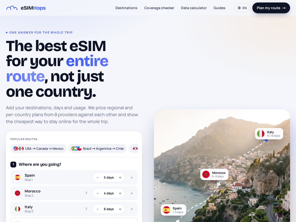 Landing-page snapshot of esimhops.com