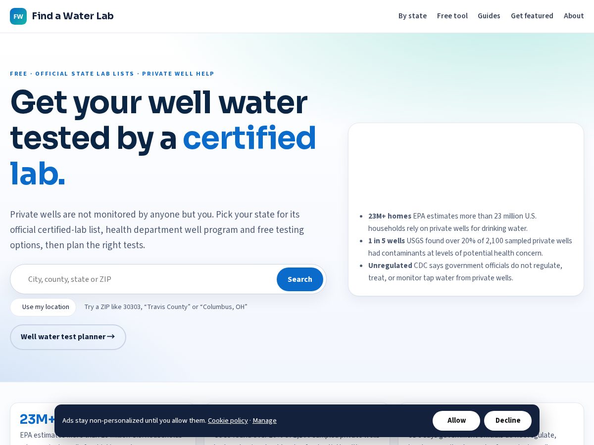 Landing-page snapshot of findawaterlab.com