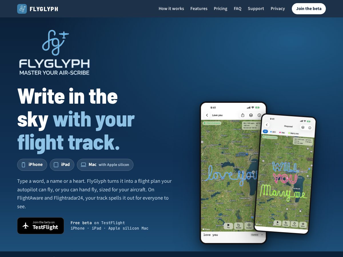 Landing-page snapshot of flyglyph.app