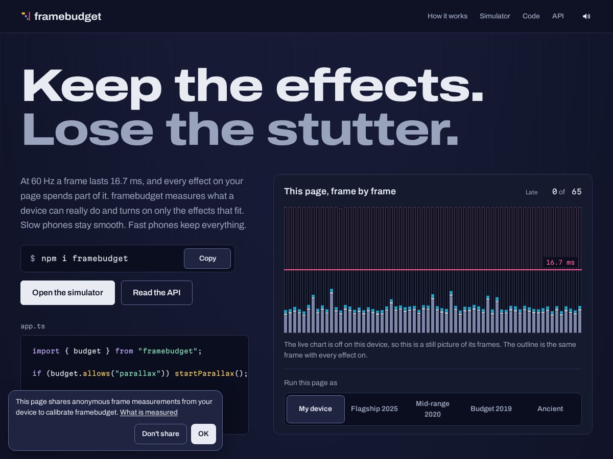 Landing-page snapshot of framebudget.dev