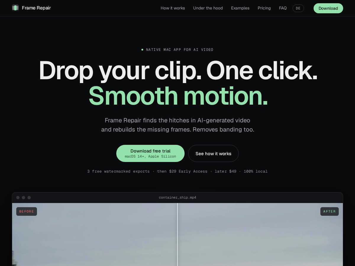 Landing-page snapshot of framerepair.app