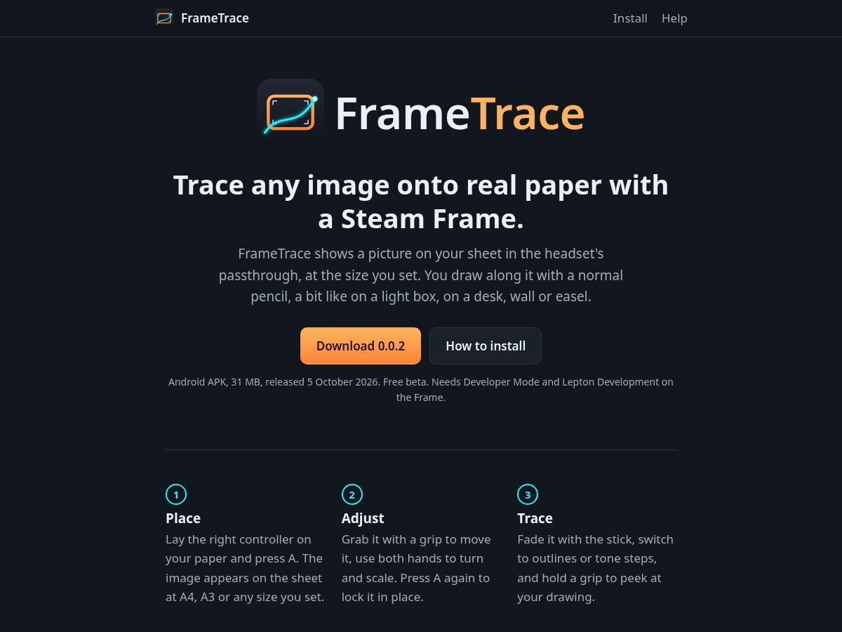 Landing-page snapshot of frametrace.app