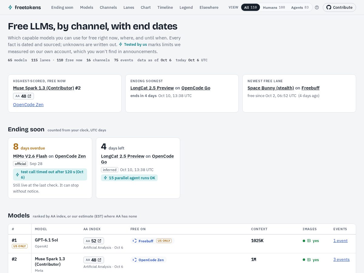 Landing-page snapshot of freetokens.fyi