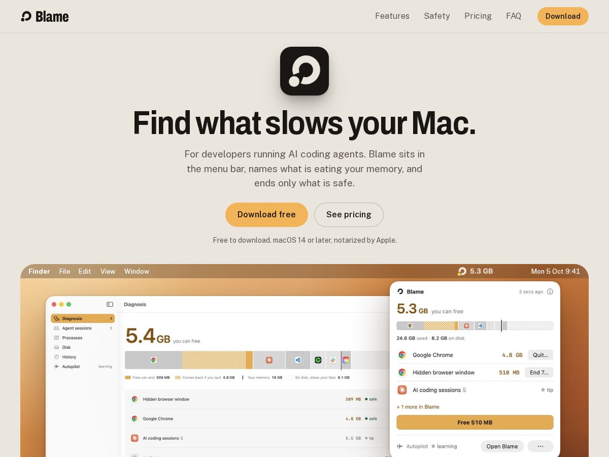 Landing-page snapshot of getblame.app