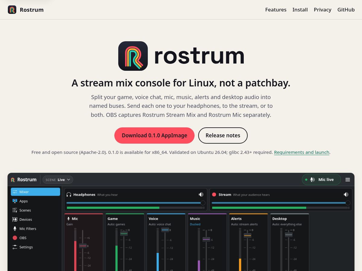 Landing-page snapshot of getrostrum.dev