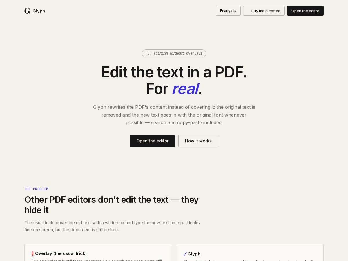 Landing-page snapshot of glyph-pdf.com