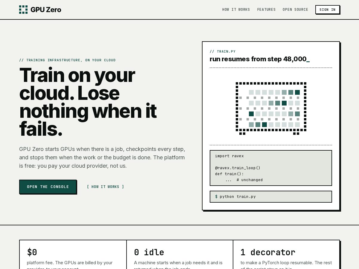 Landing-page snapshot of gpuzero.dev