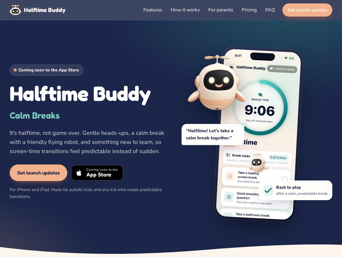 Landing-page snapshot of halftimebuddy.app