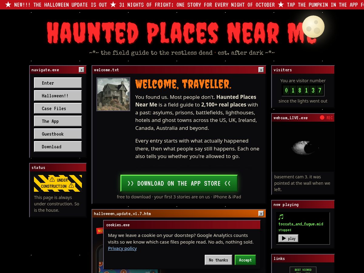 Landing-page snapshot of hauntedplacesnear.com